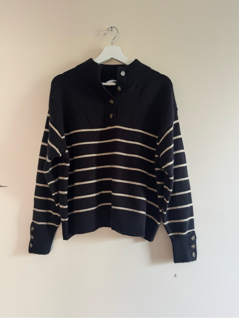 Striped Button-Henley Turtleneck Sweater - Black & Cream